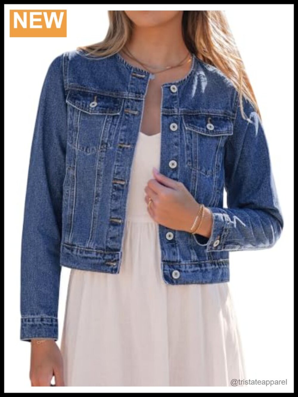 Collarless Button Down Denim Jacket Long Sleeve Casual Western